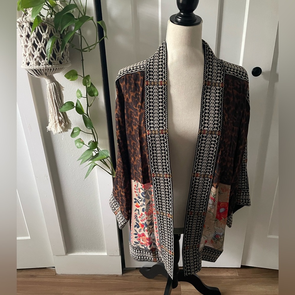 Boho Mixed-Print Kimono Cardigan - Brown Leopard & Floral